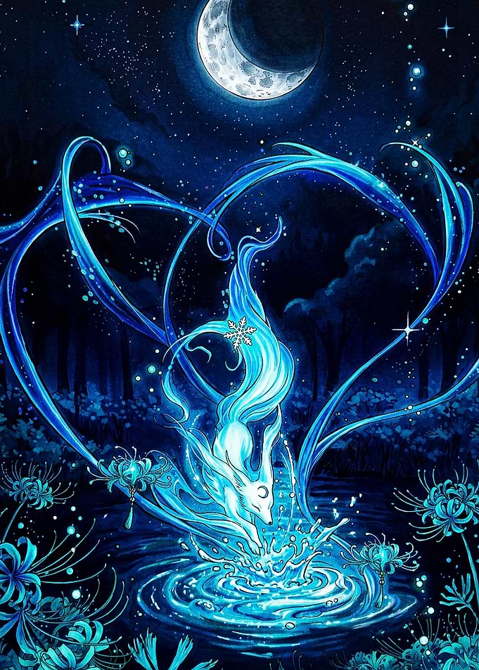 Mystical Blue Fox in Moonlight