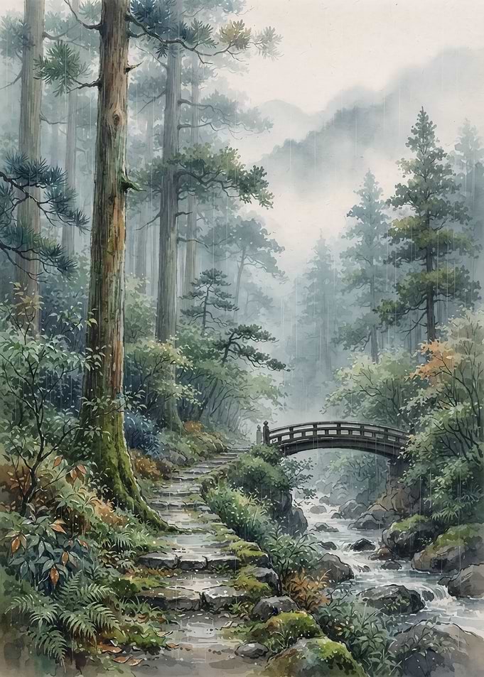 Misty Forest Path with Wooden Bridge
