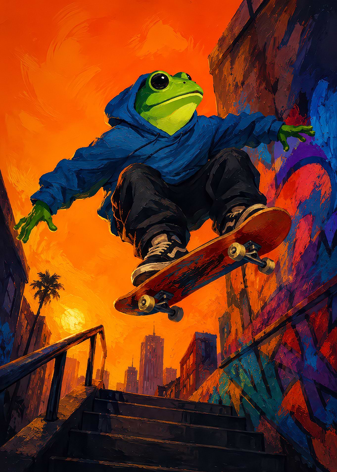 Skateboarding Frog in Blue Hoodie