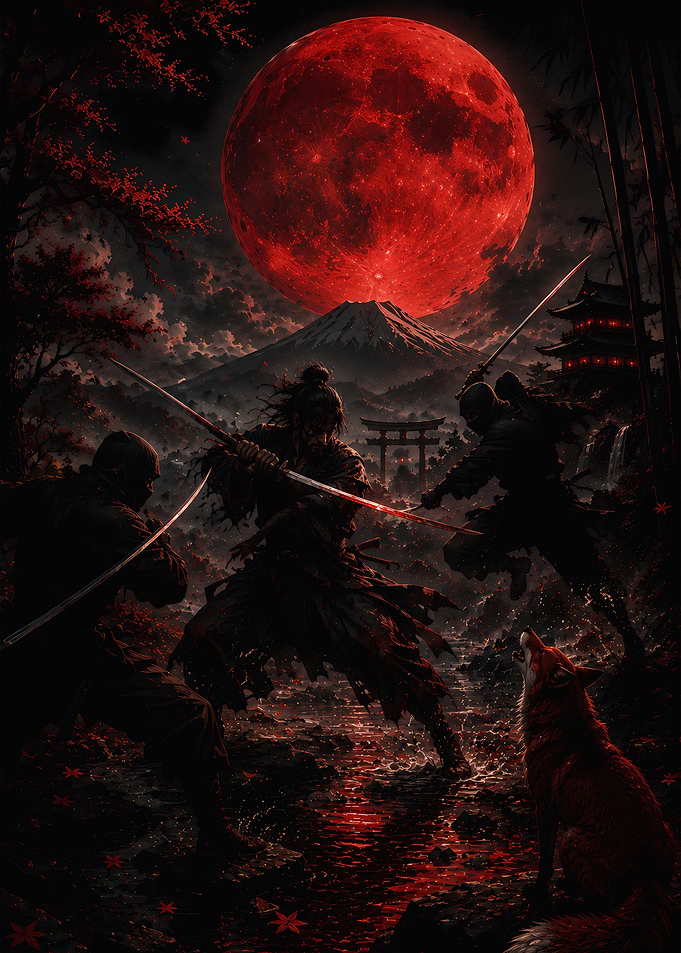 Samurai Battle Under Red Moon