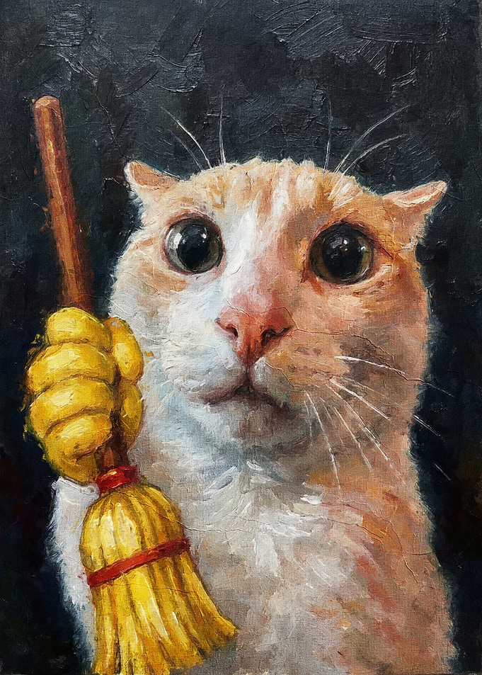 Oil Painting of Cat Holding Broom