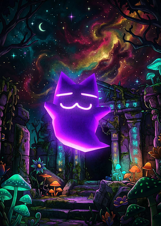 Glowing Purple Cat Spirit in Ruins