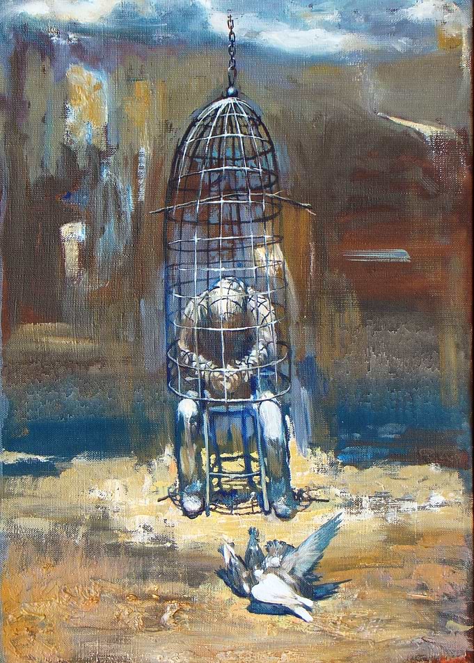 Oil Painting of Man in Cage