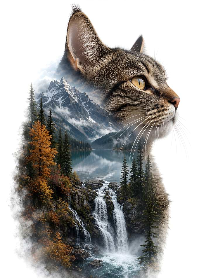 Double Exposure Cat and Mountain Landscape Nature Cats