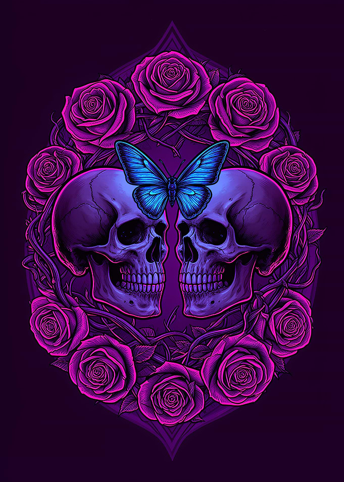 Neon Skulls and Butterfly Floral Art