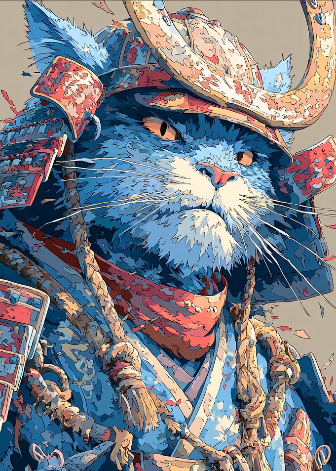 Blue Samurai Cat Warrior Portrait