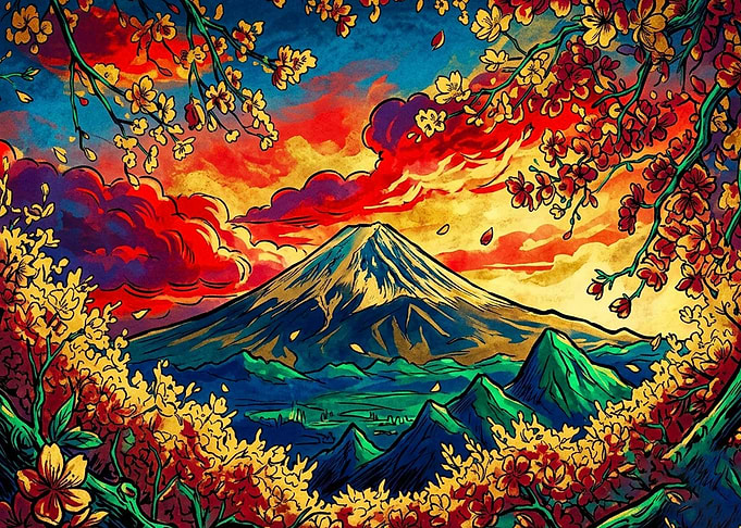 Vibrant Mount Fuji Cherry Blossom Landscape