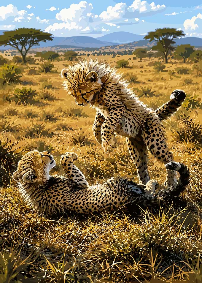 Two Cheetah Cubs Playing in Savanna