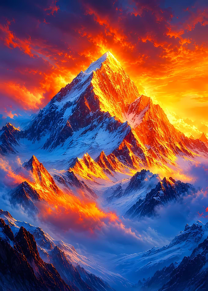 Fiery Sunset Over Snowy Mountain Peaks