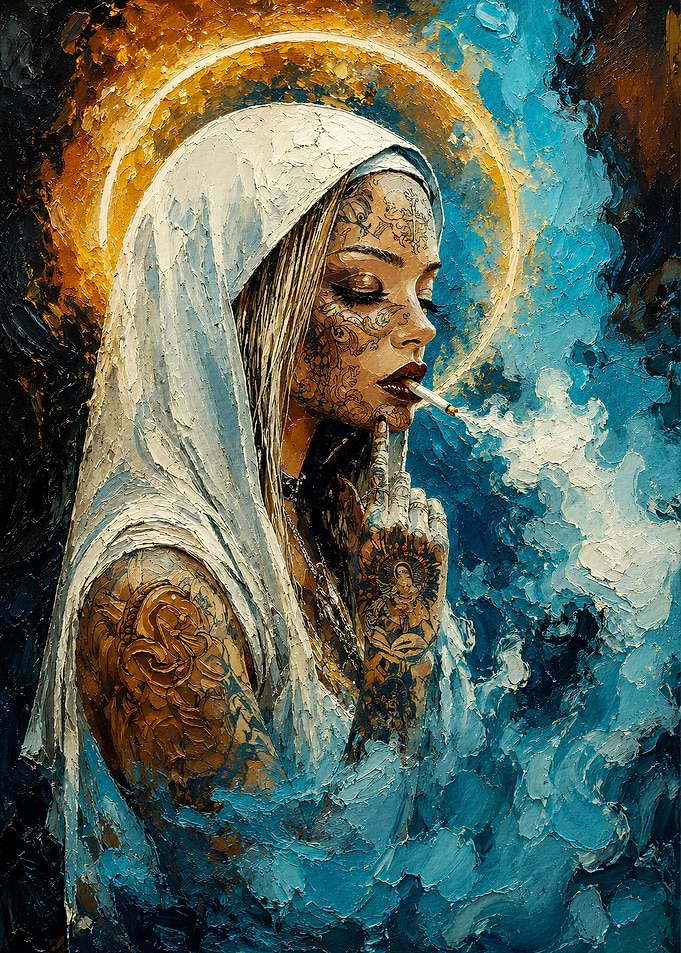 Tattooed Madonna Smoking Oil Painting