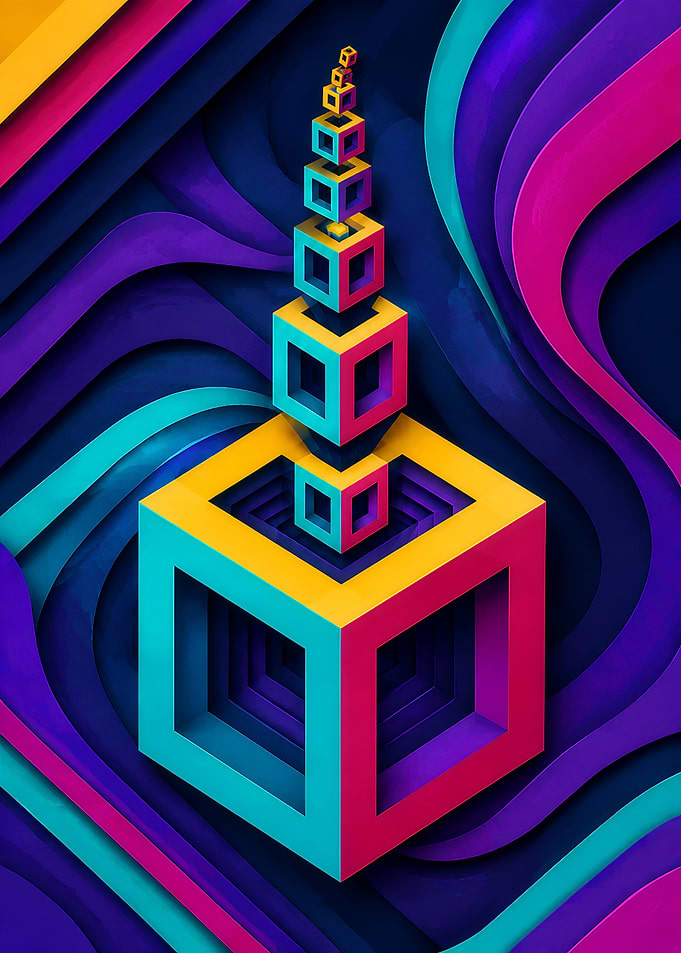 Infinite Cube Cascade Optical Illusion with Receding Cubes, Vibrant Layered Paper Cut Art and Hypnotic Depth