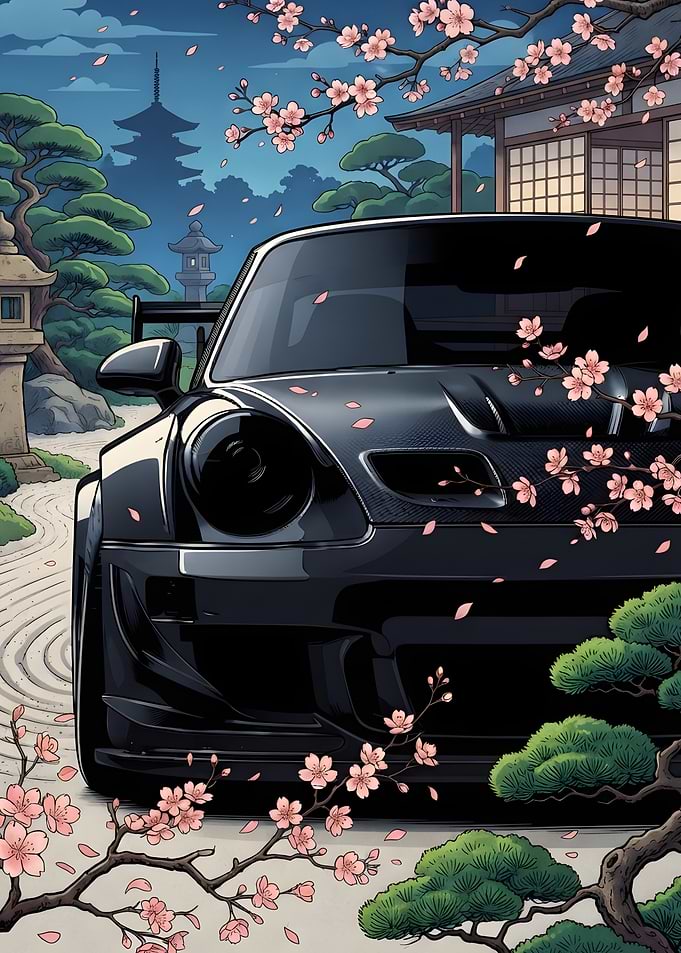 Black Sports Car in Japanese Garden