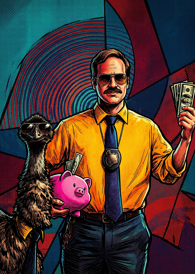 Detective with Emu and Piggy Bank
