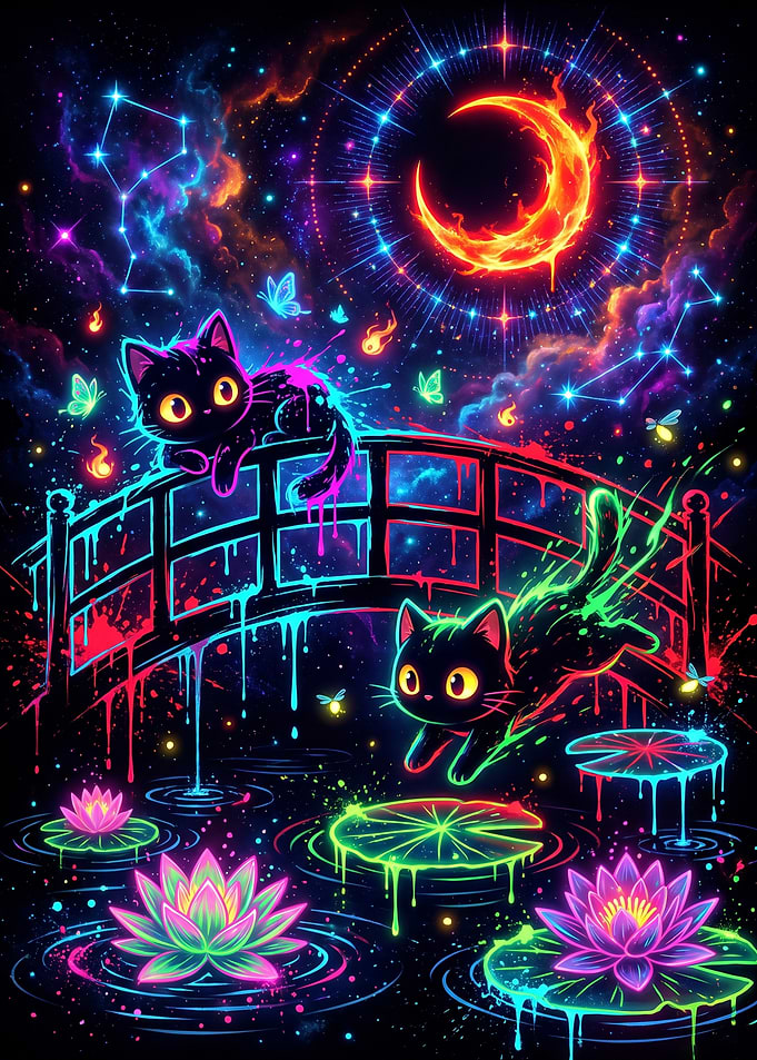 Neon Cosmic Cats on Bridge