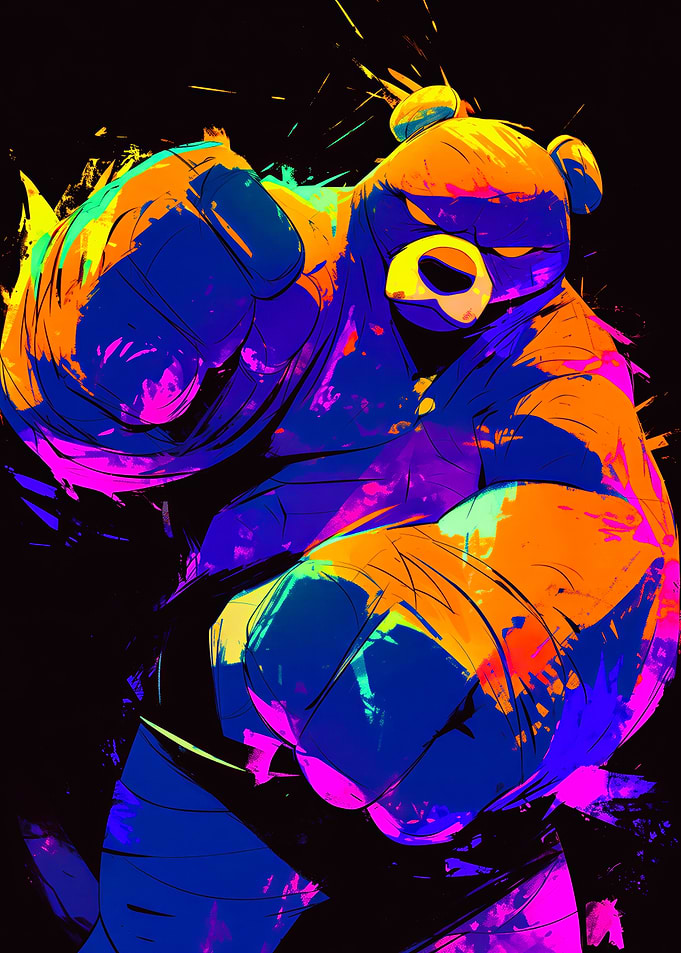 Colorful neon punching bear digital art illustration