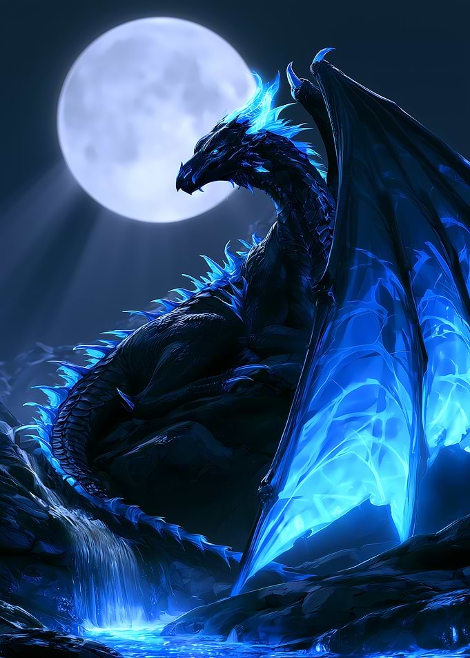 Blue Dragon Under Full Moon