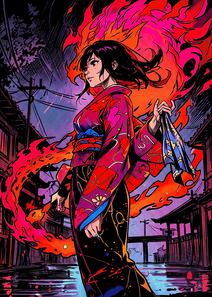 Anime Girl with Magical Fire Aura