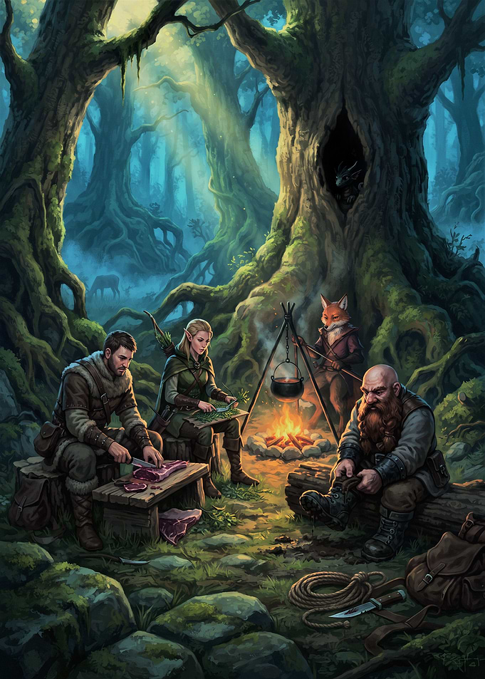 Fantasy Adventurers Camping in Forest