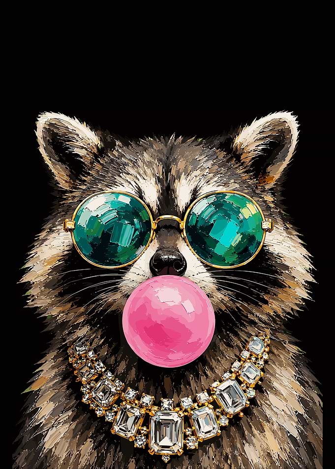 Stylish Raccoon with Bubblegum and Jewelry