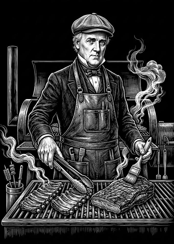 James Buchanan Vintage Style Pitmaster Grilling Meat