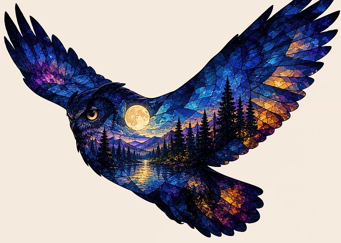 Stained Glass Owl Forest Silhouette
