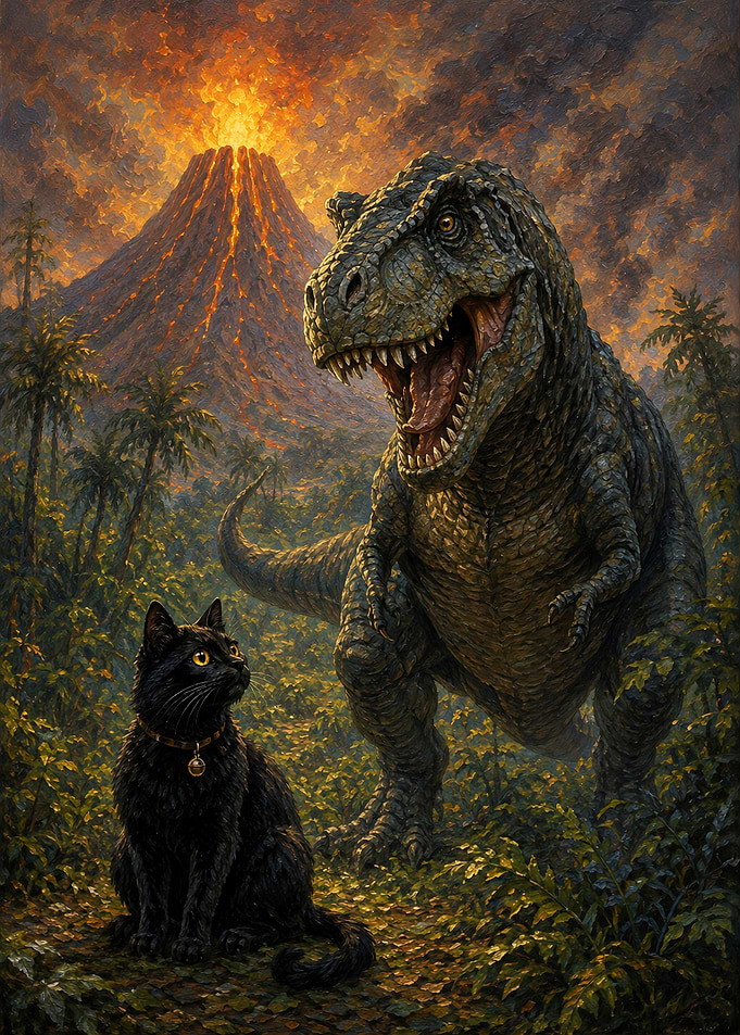Black Cat and T-Rex Encounter