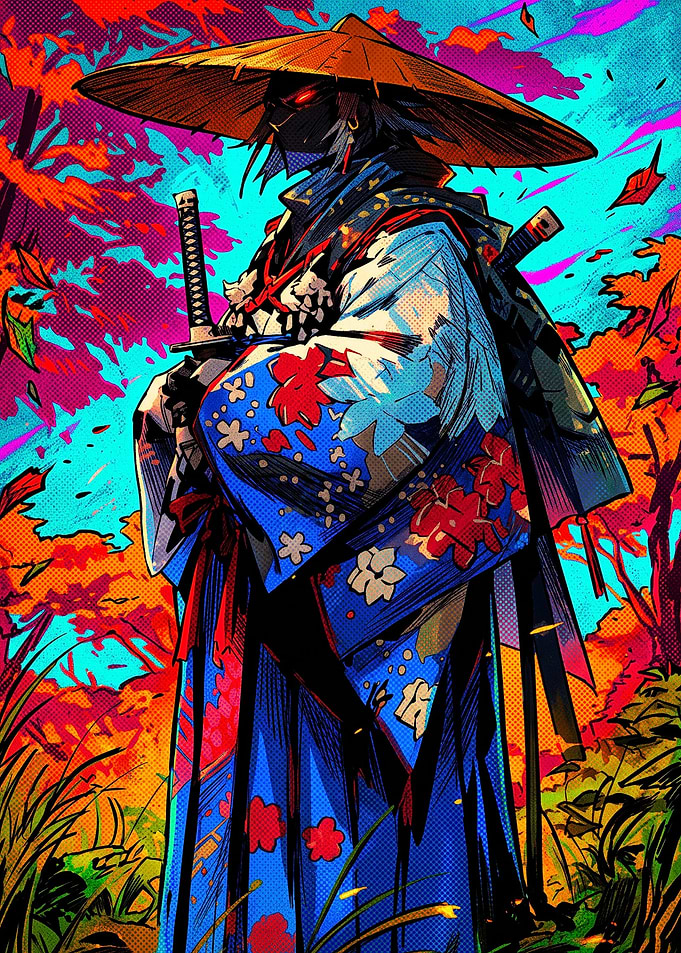 Vibrant Ronin Samurai in Autumn Forest