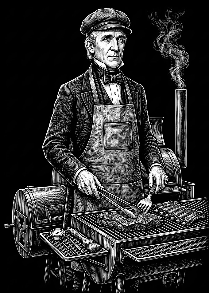 James K. Polk Vintage Style Pitmaster Grilling Meat