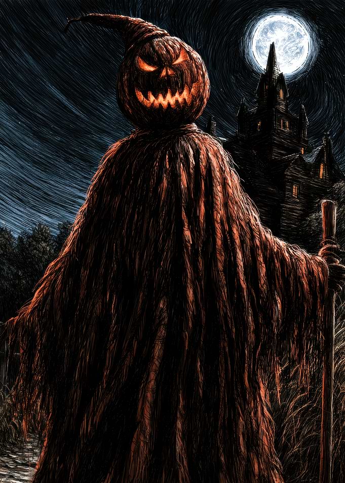 Eerie Pumpkin Headed Figure at Night