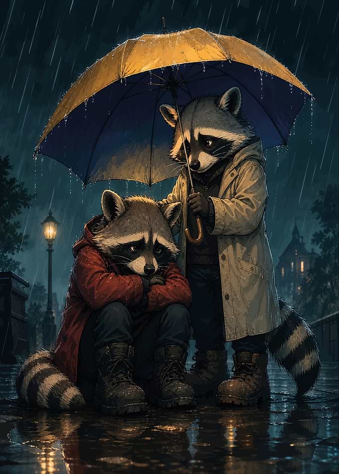 Two Raccoons Sheltering in the Rain