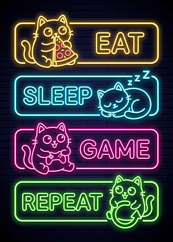 Neon Cat Eat Sleep Game Repeat