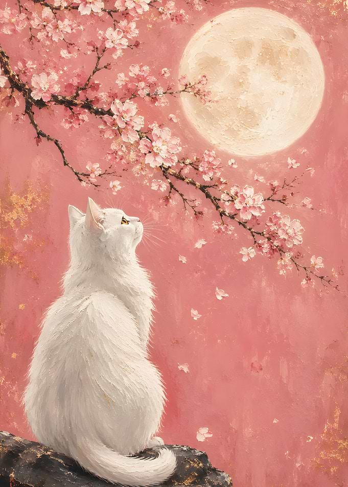 White Cat Under the Cherry Blossom Moon