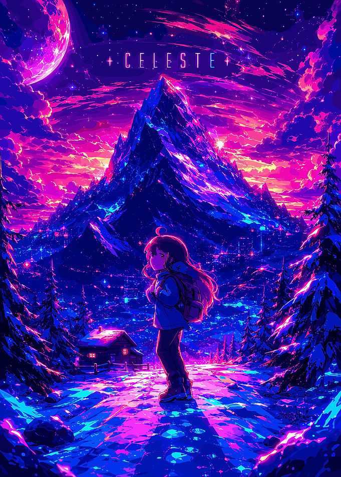 Celeste Mountain Neon Anime Landscape