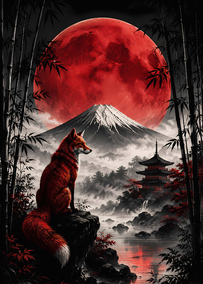 Fox Under Red Moon and Fuji