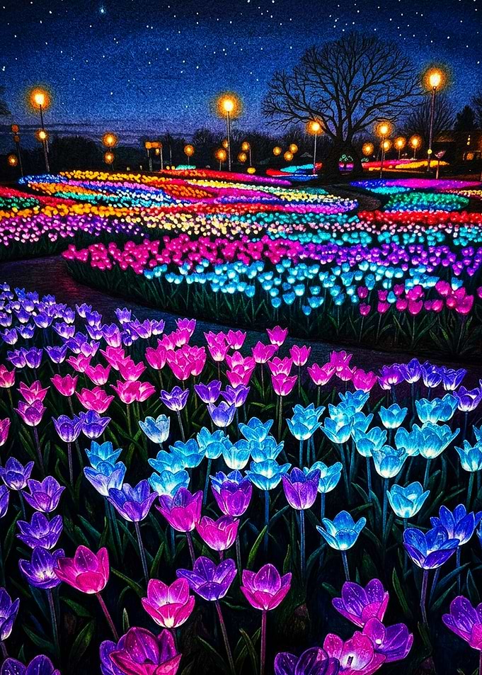 Glowing Neon Tulip Garden at Night