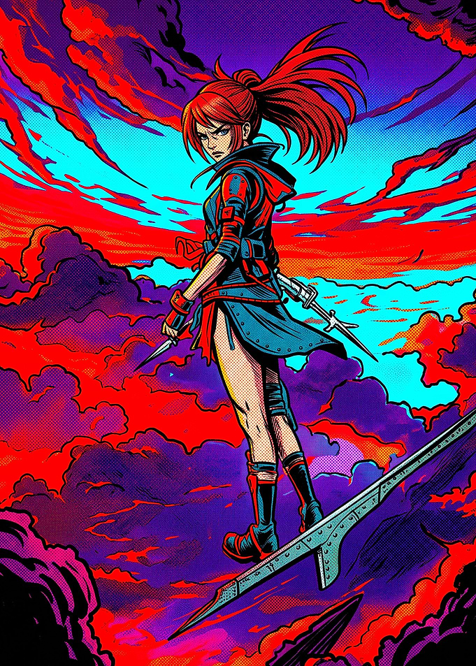 Red-Haired Warrior in Vibrant Sky