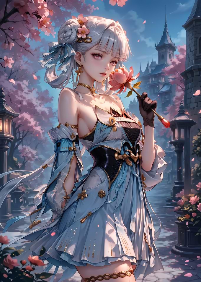 Elegant Anime Girl with Pink Flower