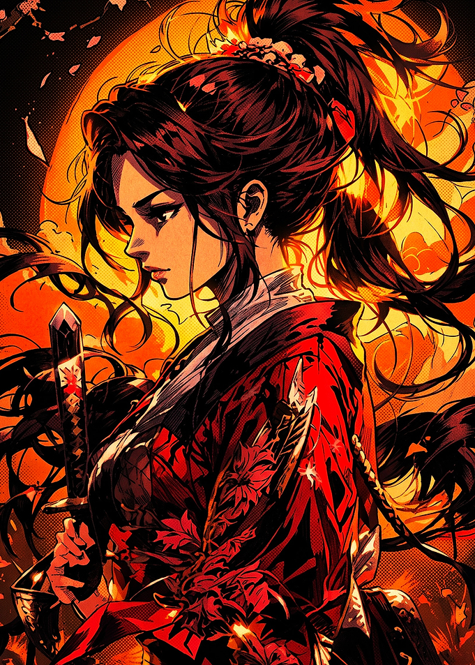 Samurai Woman in Fiery Sunset