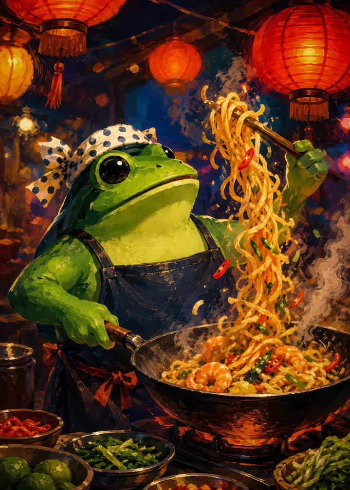 Frog Chef Cooking Stir-fry Noodles
