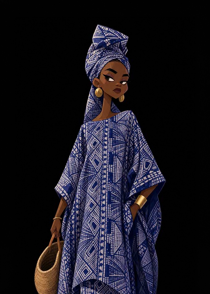 Elegant Woman in Blue Patterned Kaftan