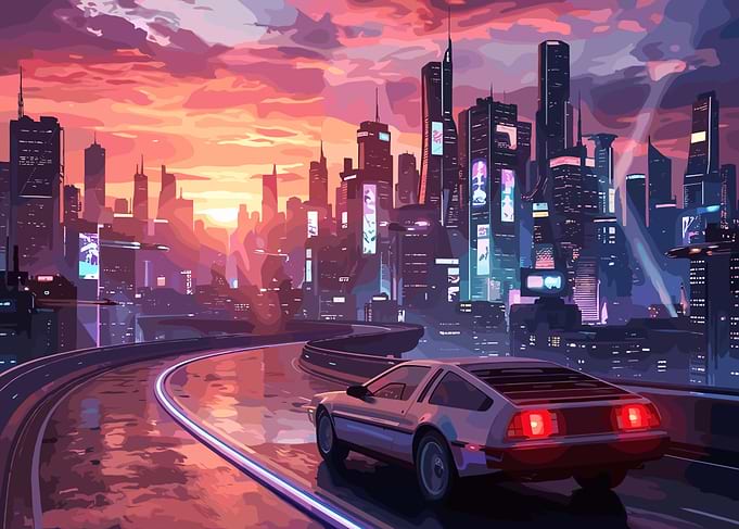 Retro Futuristic Cityscape with DeLorean