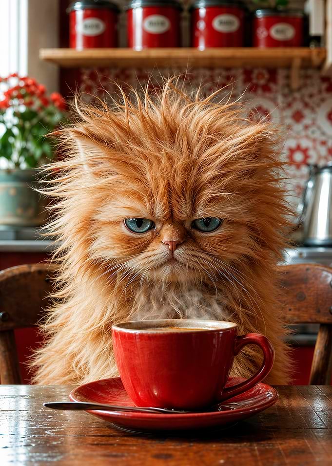 Grumpy Fluffy Cat with Coffee