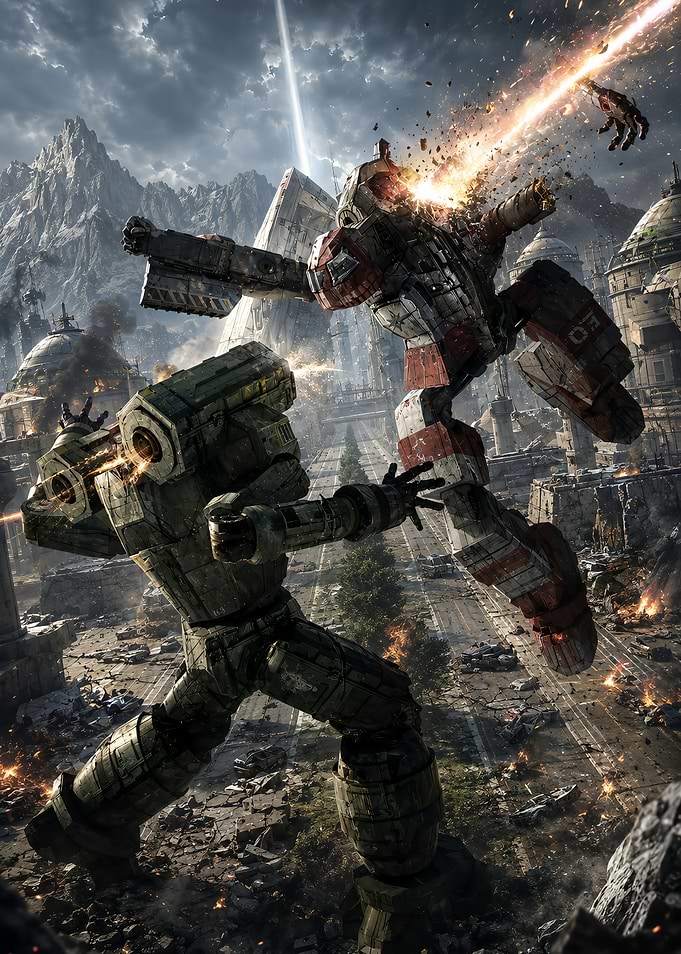 Giant Mecha Battle in Ruined City