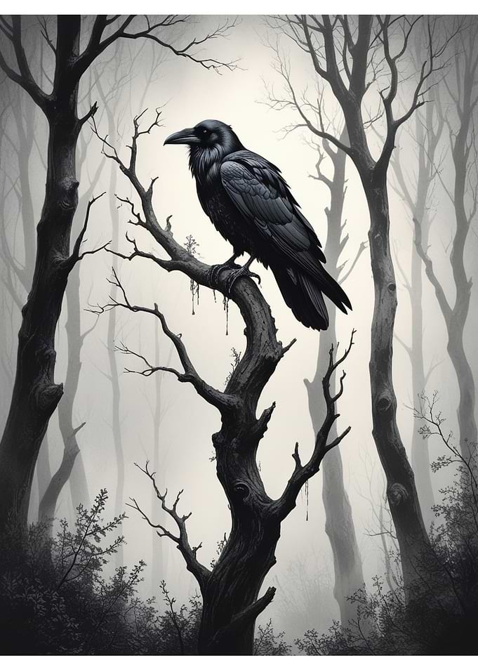 Raven Perched on Bare Tree