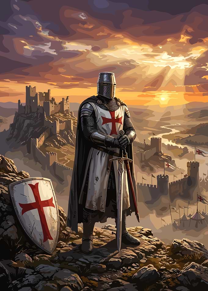 Crusader Knight Standing Before Castle