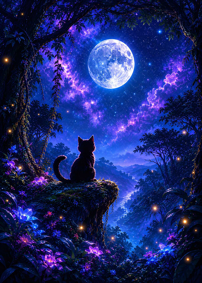 Cat Watching the Full Moon