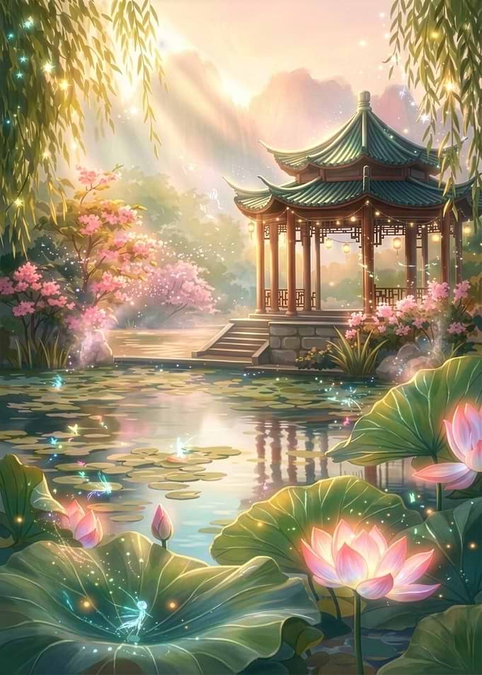 Magical Lotus Pond with Asian Pavilion