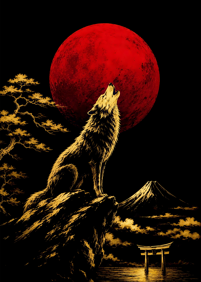 Golden Wolf Howling at Red Moon