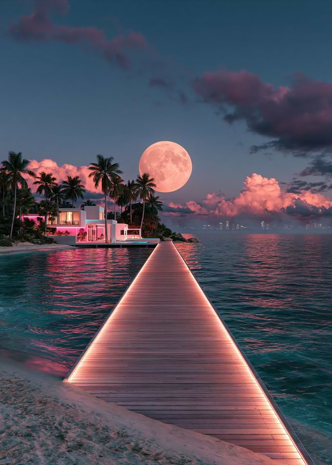 Tropical Pier Under Full Moon