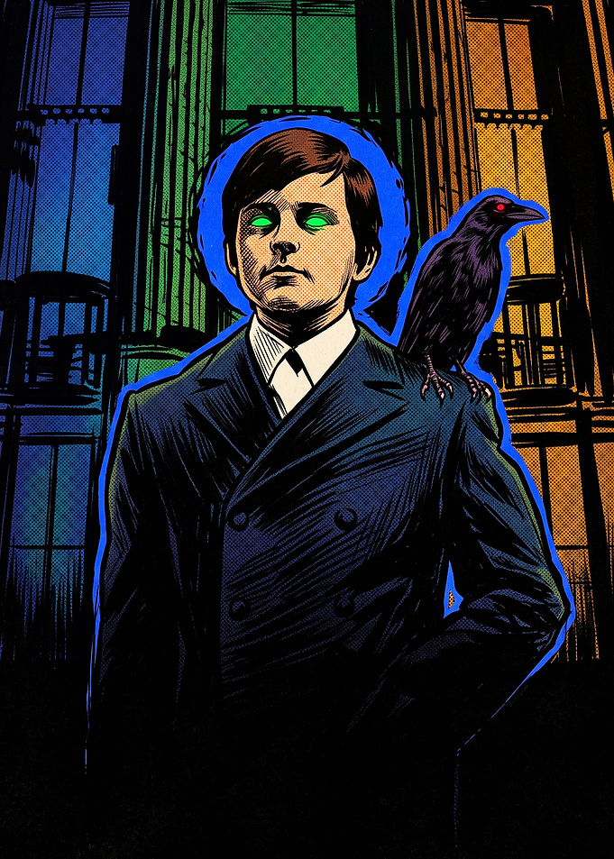 Young Man with Glowing Eyes Raven